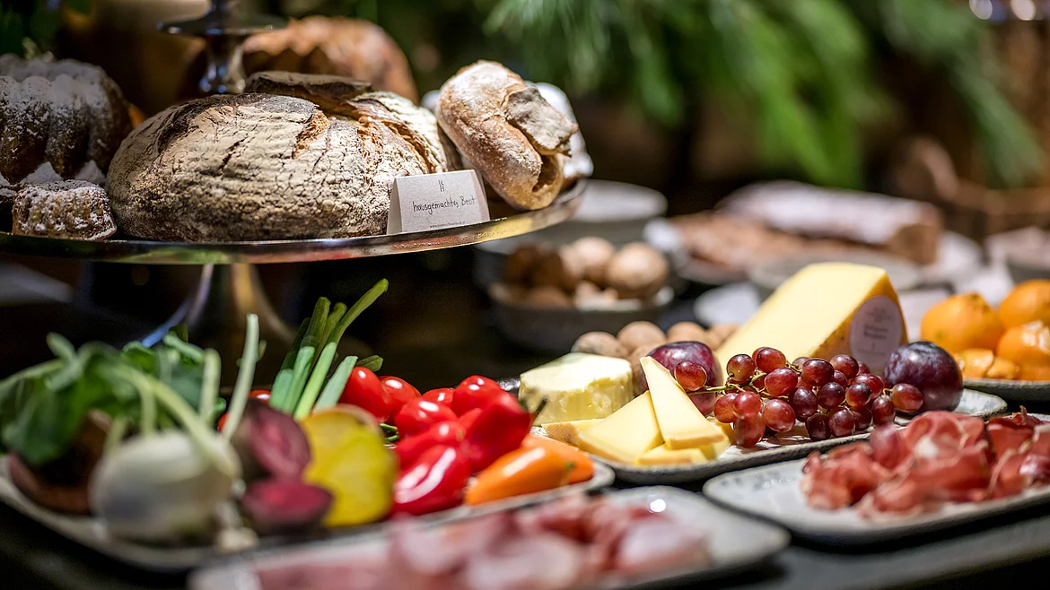 A breakfast buffet in the Schmiedalm - the luxury mountain chalet