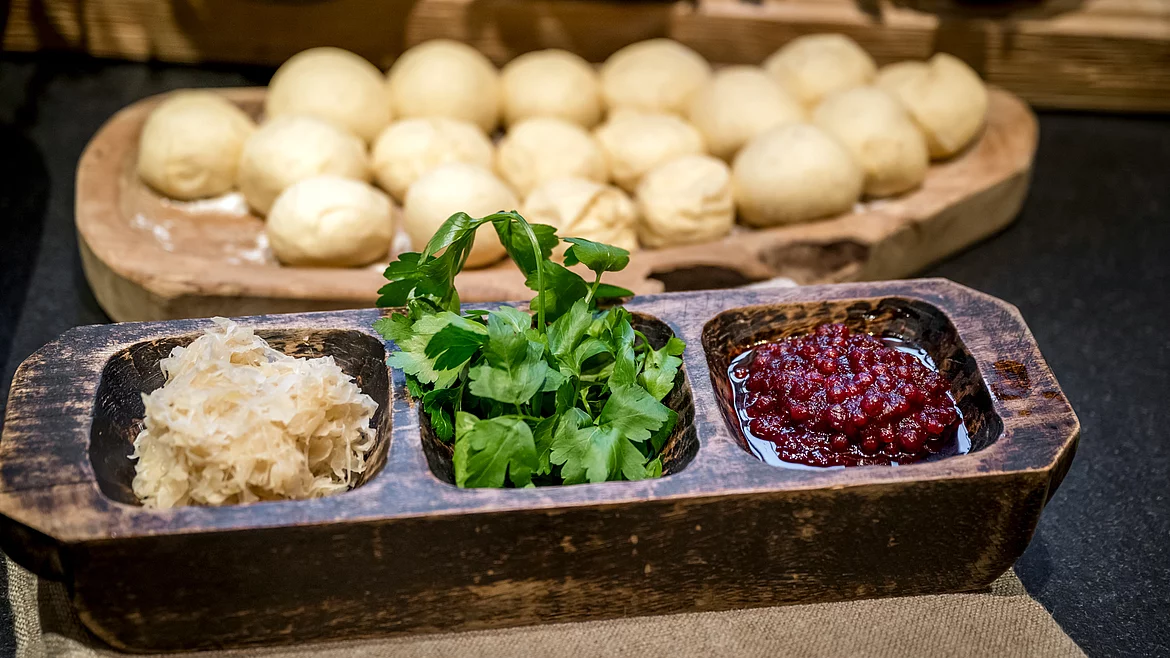 Dough balls, sauerkraut and cranberries at the Schmiedalm