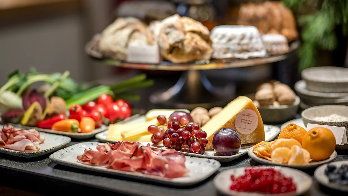 A breakfast buffet in the Schmiedalm - the luxury mountain chalet