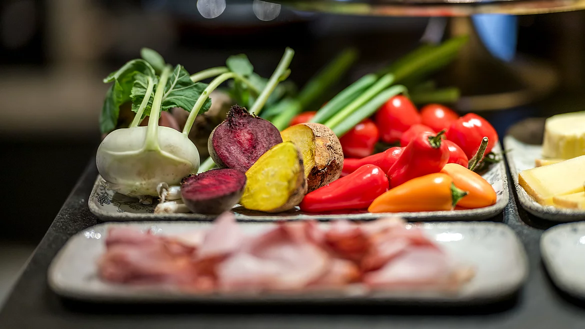 A breakfast buffet in the Schmiedalm - the luxury mountain chalet