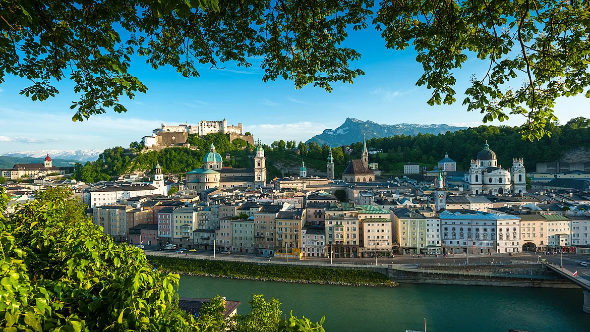 View of the old town with Hohensalzbu Fortress from the Kapuzinerberg Sightseeing Salzburg, view from Kapuzinerberg to Salzburg's old town and Hohensalzburg Fortress, Untersberg in the background